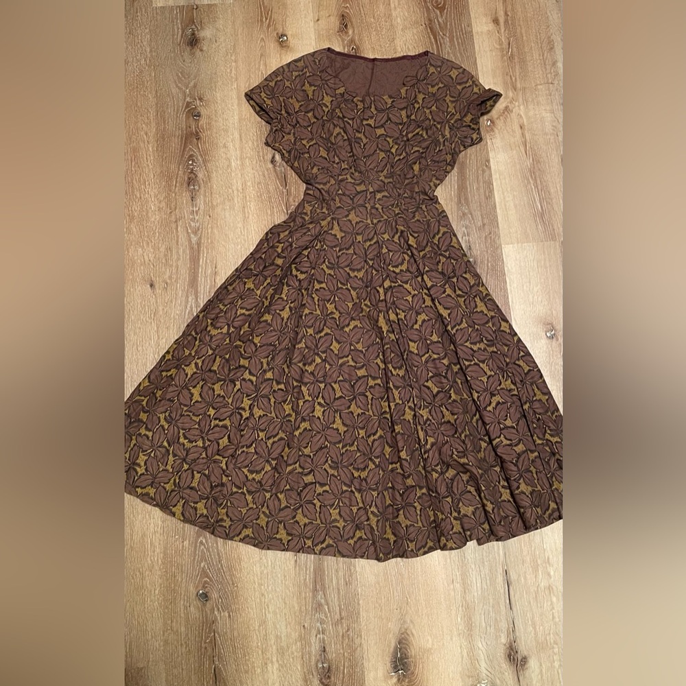 1950’s vintage brown gold fall leaves dress retro full circle skirt XS VLV pinup - Picture 3 of 11